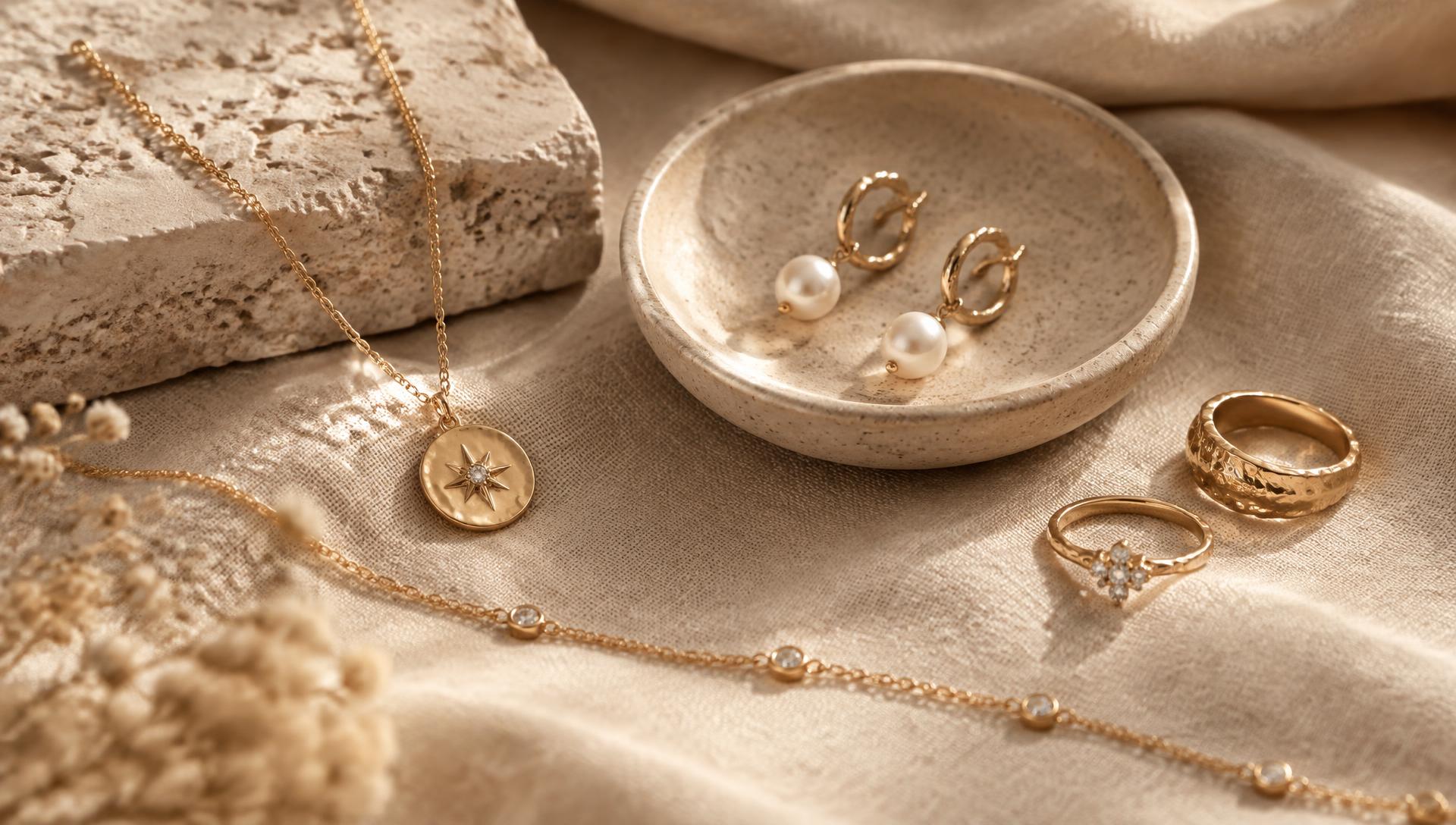Gold and pearl jewelry arranged on warm linen